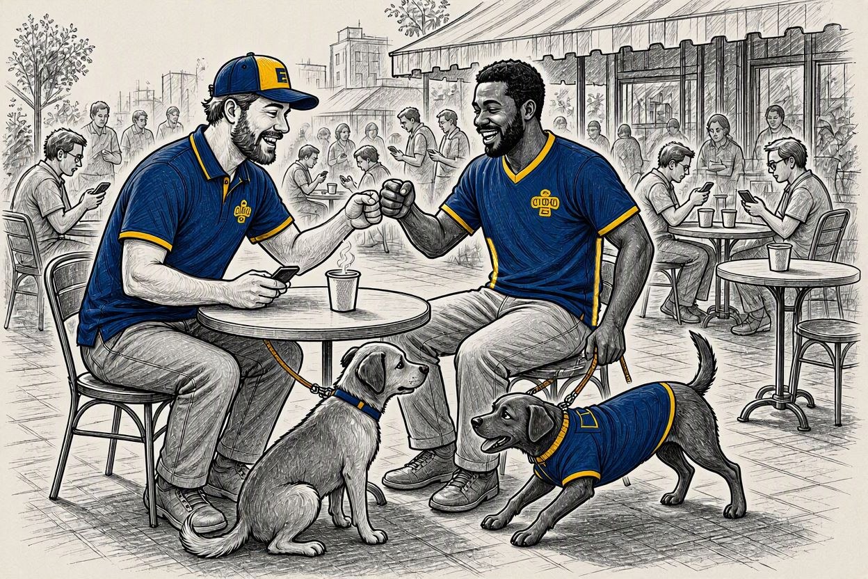 The same coffee patio a few minutes later: the two men in the same team's gear now share a table, laughing and fist-bumping, while their dogs play at their feet.