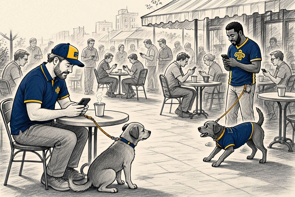 A busy coffee patio where everyone is on their phone. Two men in the same team's gear sit and stand apart, heads down, while their dogs spot each other across the patio.