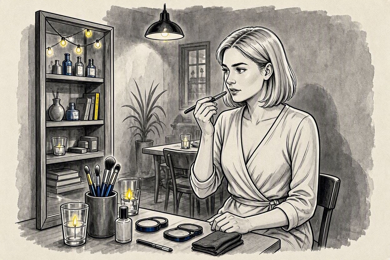 Getting ready to go out, doing makeup at a vanity