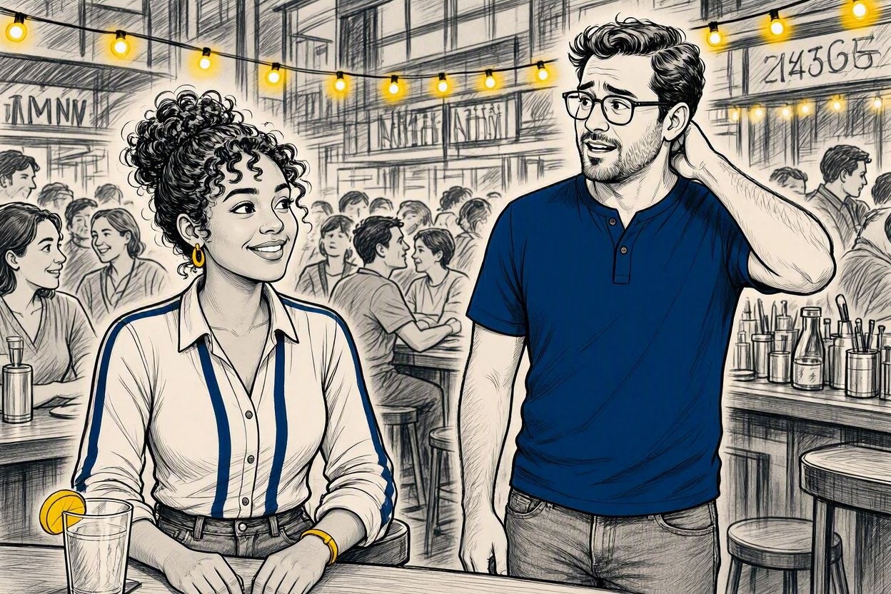 He approaches her at the bar, visible nerves