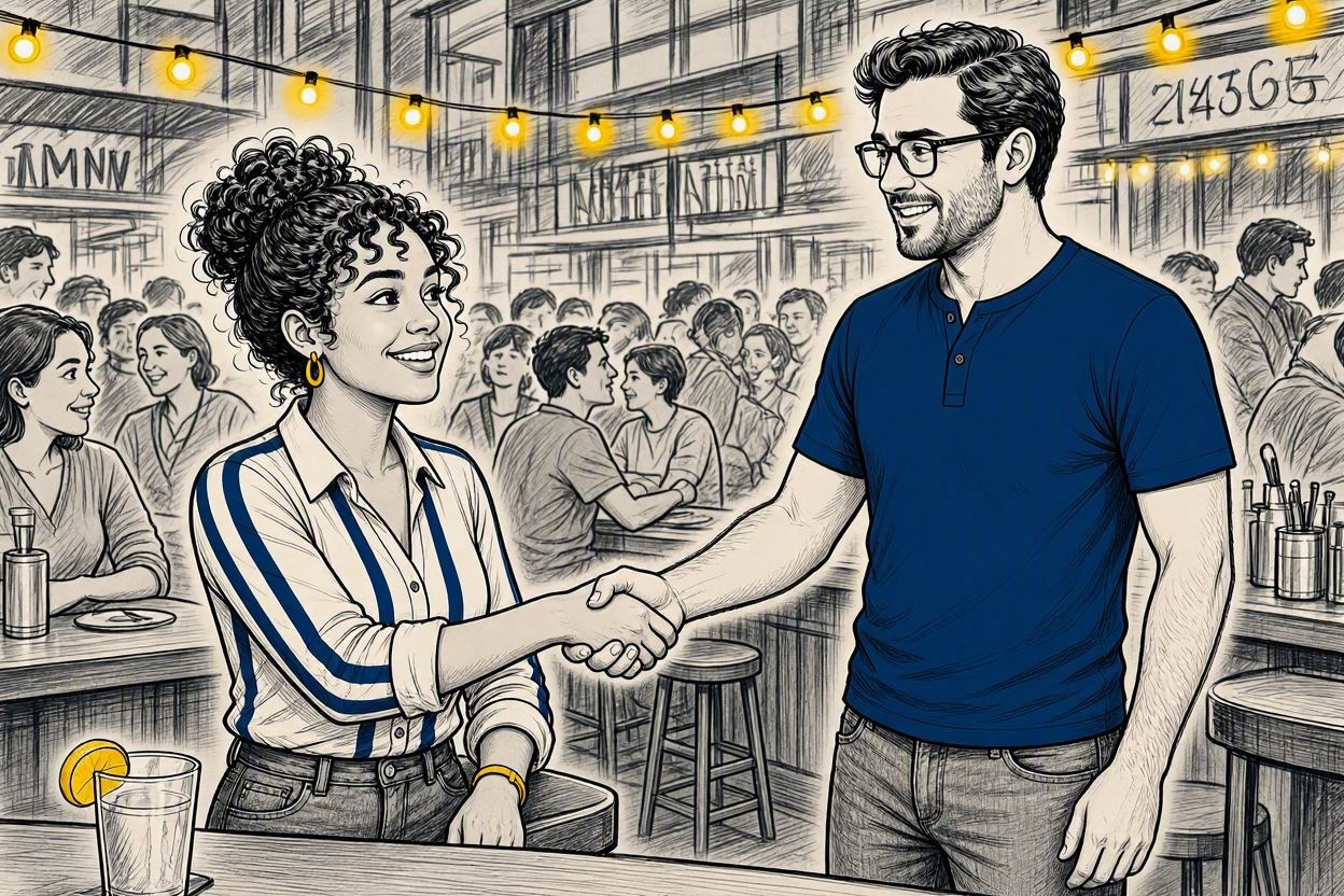 Face to face, handshake, both smiling