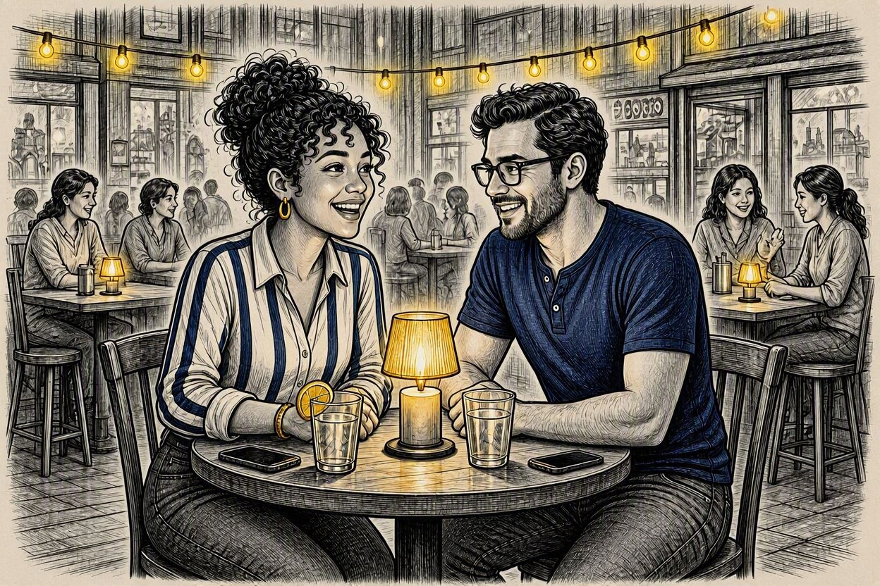 Seated together at a small candlelit table, phones face-down