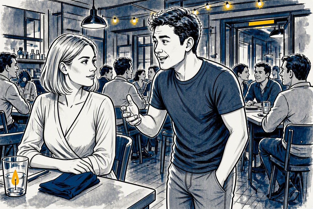 He walks up and starts talking to her at her table