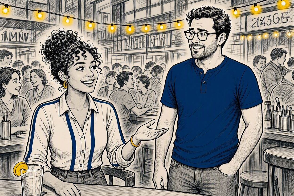 She flags the bartender for a second drink, inviting him to stay