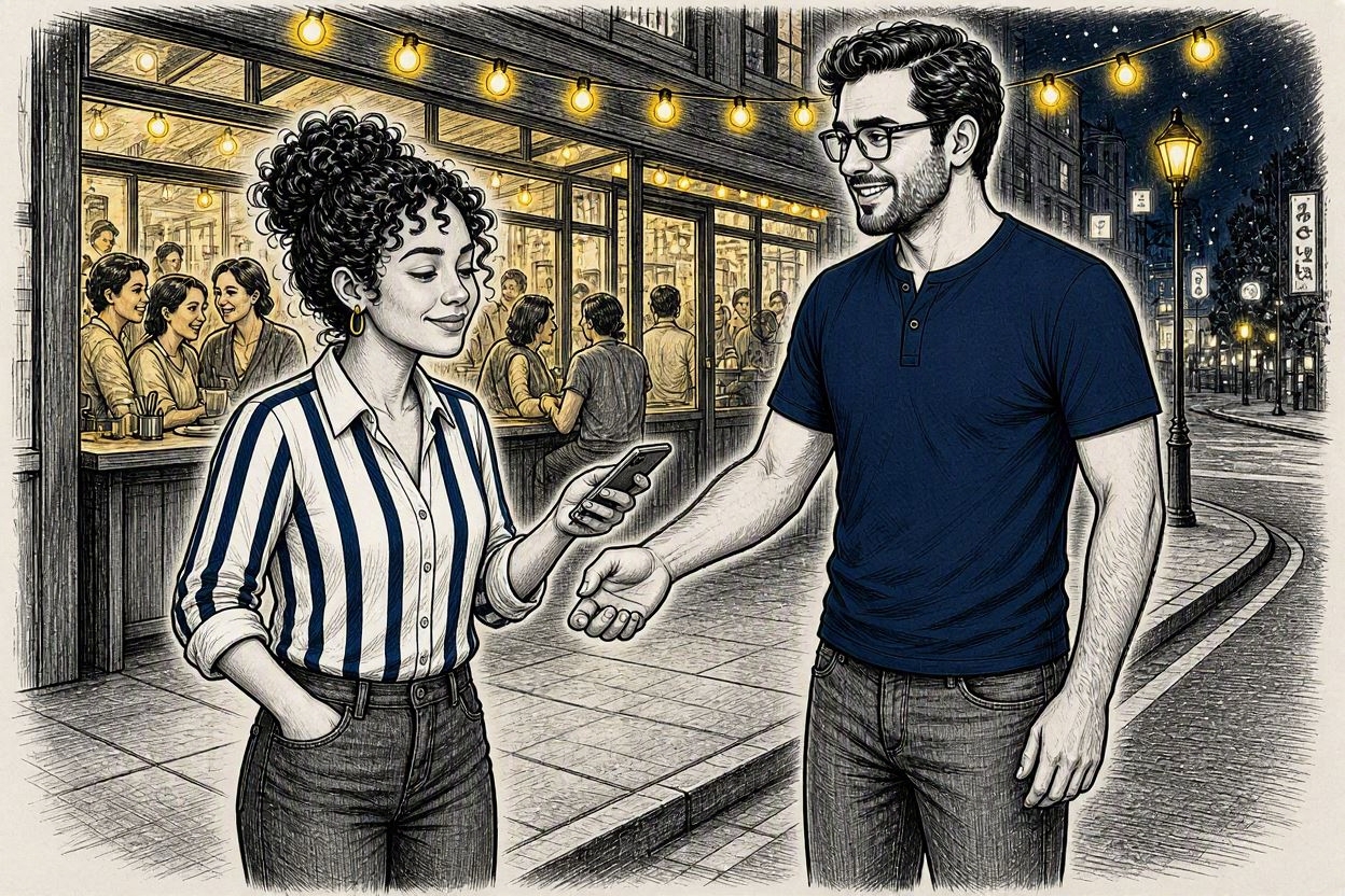 Outside the bar, exchanging phone numbers with a little nervous energy