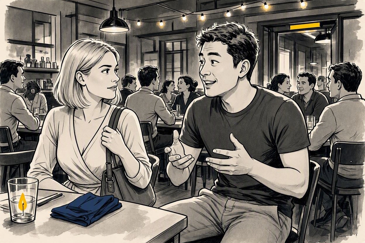 He's mid-story, oblivious; she's ready to leave, bag on shoulder