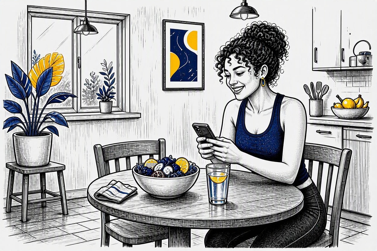 The next morning, smiling at her phone over breakfast