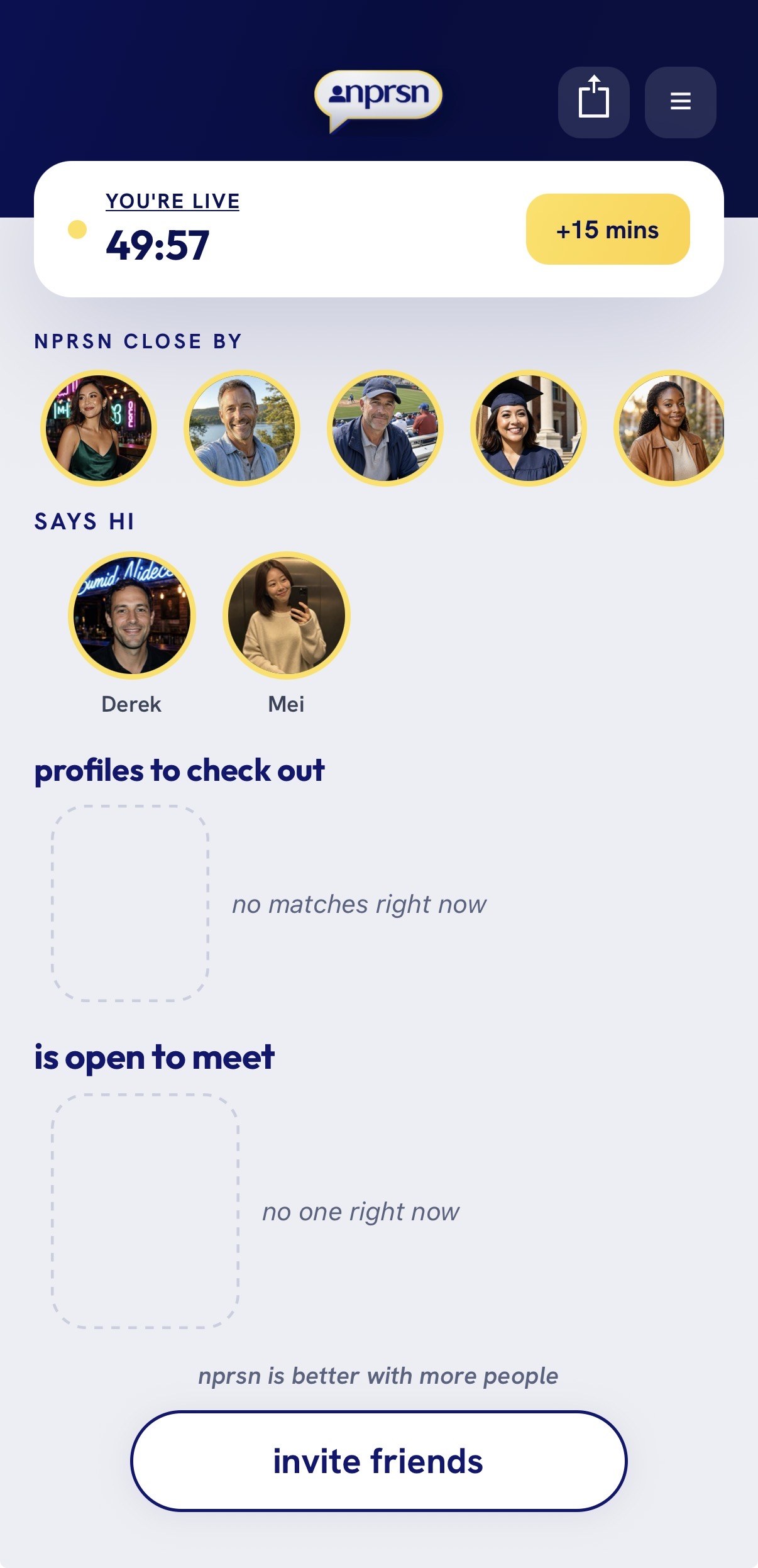 nprsn 'you're live' dashboard showing people close by