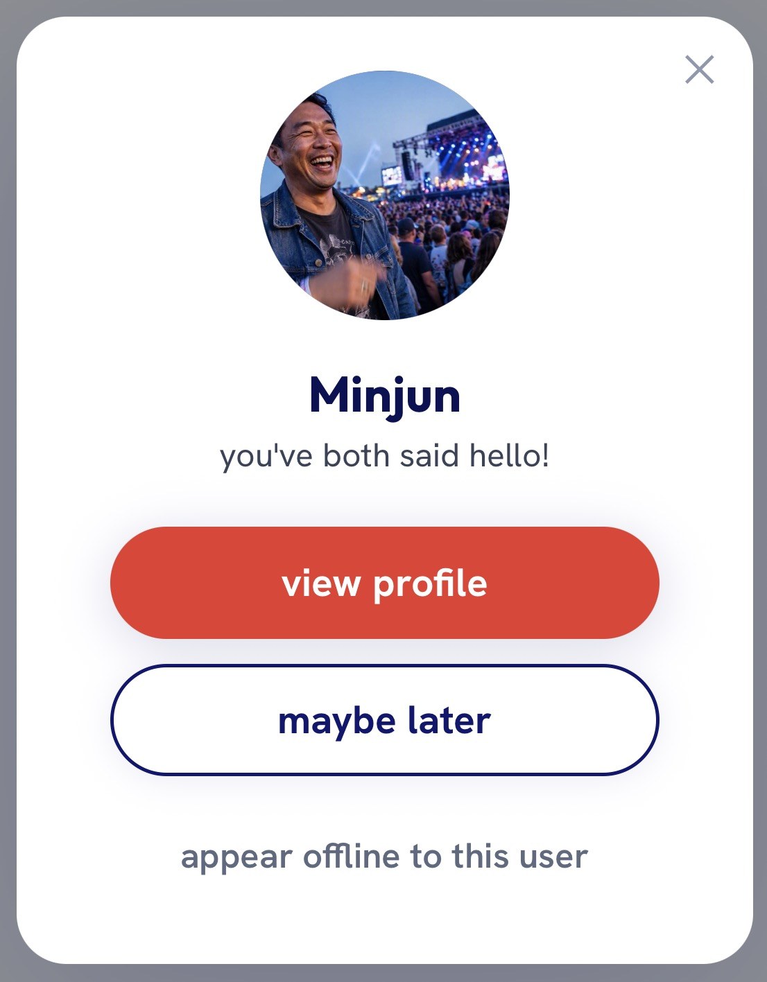 nprsn 'you've both said hello!' screen with view profile button